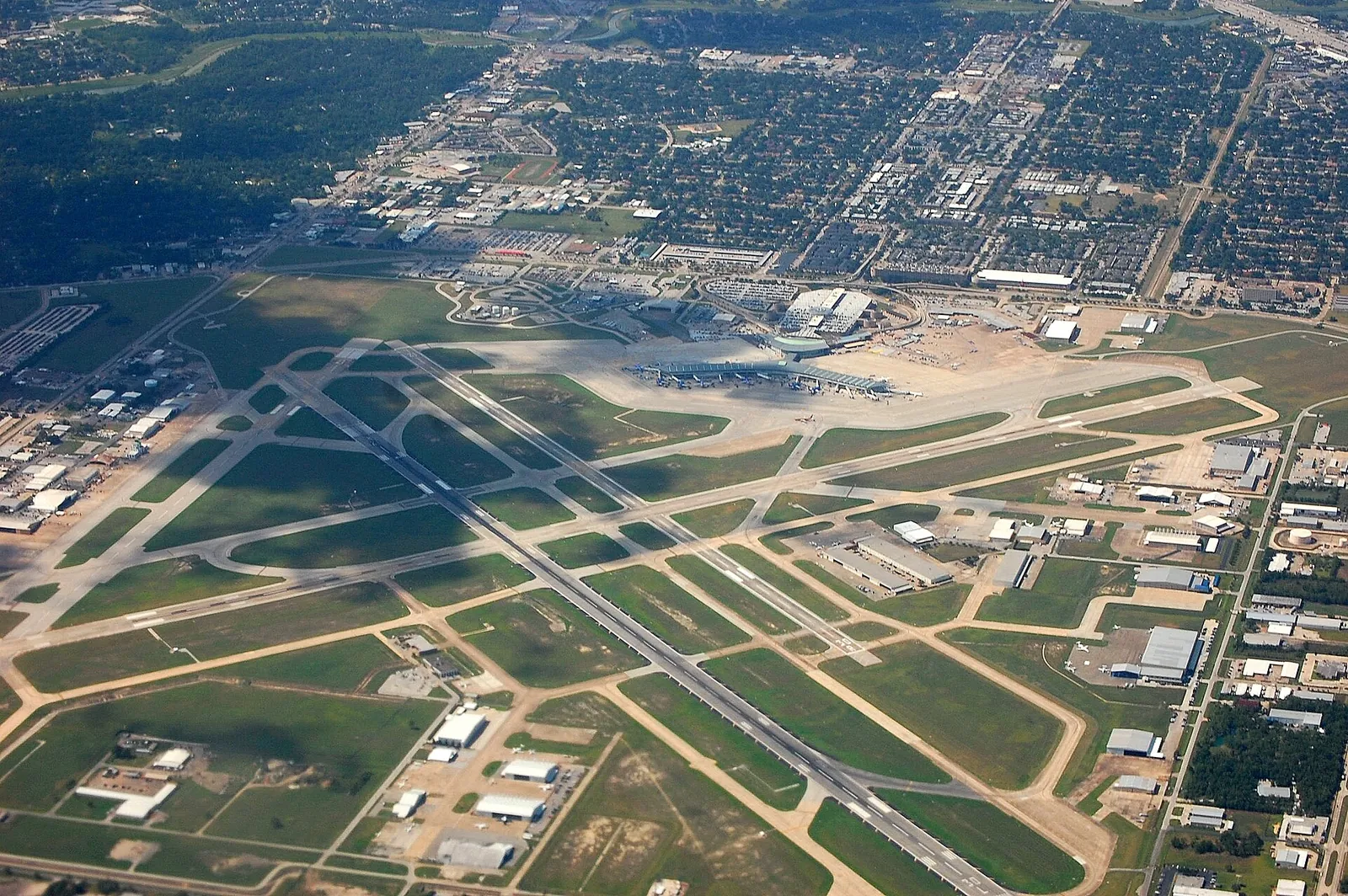 An aerial view of William P. Hobby Airport.