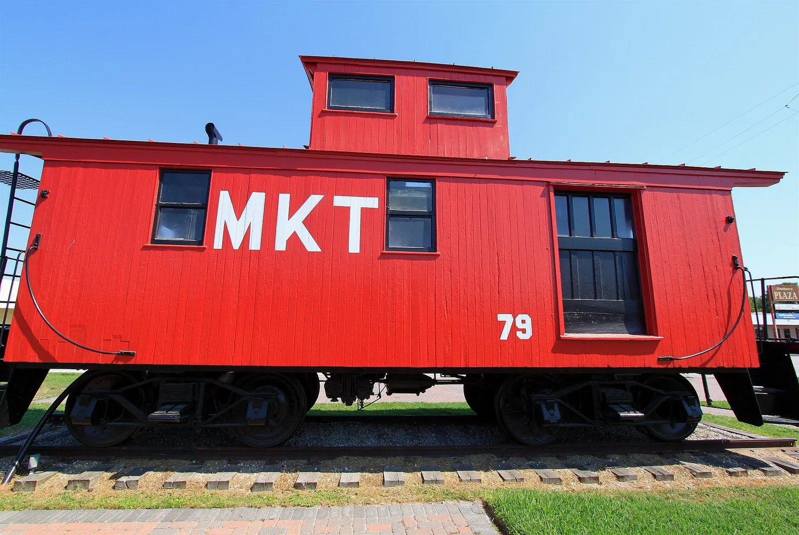 A restored MKT railroad caboose in Katy.